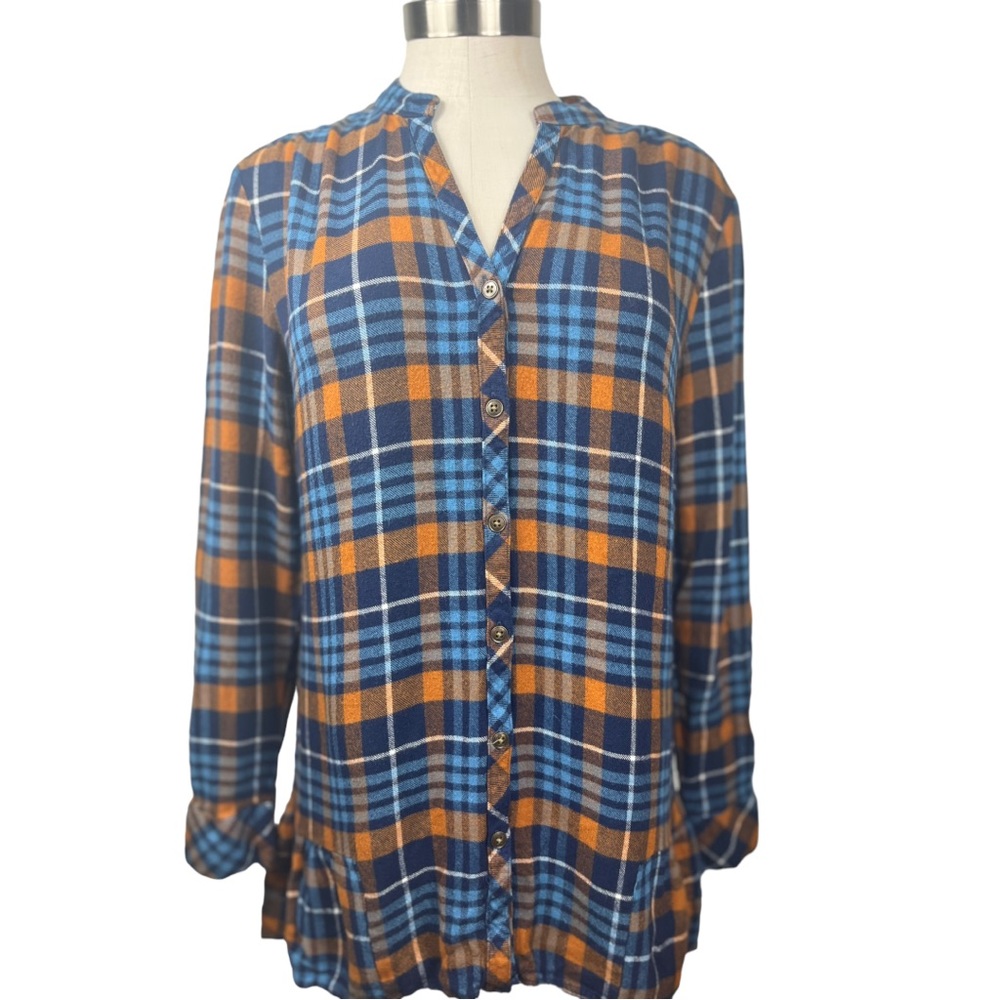 Matilda Jane General Store Blue Gold Plaid Flannel Tunic, size Small